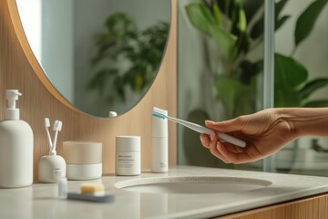 A clean and bright bathroom scene featuring a hand holding a toothbrush. Simple and modern design with skincare products. Emphasis on cleanliness and freshness. Generative AI