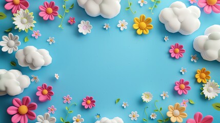 Wall Mural - A colorful background with white clouds and flowers on a blue background.