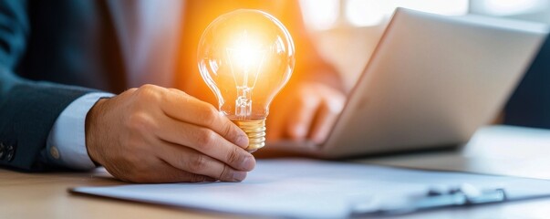 Poster - Inventor Holding Light Bulb Symbolizing Innovation
