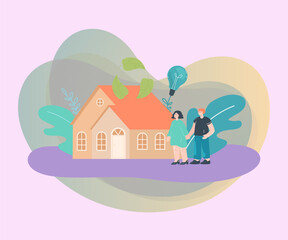Poster - Tiny couple near eco friendly house flat vector illustration. Green lightbulb under house. Renewable energy resources, recycling, ecology concept for banner, website design or landing web page