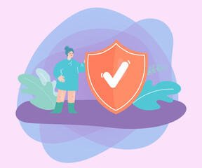 Poster - Tiny cartoon woman standing next to orange shield with checkmark. Internet privacy or safety flat vector illustration. Protection, security concept for banner, website design or landing web page