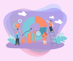 Poster - Tiny office people standing next to huge pie chart. Cartoon company persons next to diagram, bar graph flat vector illustration. Finances, business concept for banner, website design or landing page