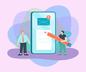 Poster - tiny office workers writing e-mail using pencil and huge phone. man sending business letter flat vec