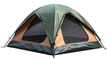 Green and beige camping tent isolated on black.