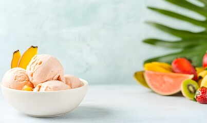 Wall Mural - Healthy dessert featuring vegan banana ice cream with tropical fruits, Generative AI 