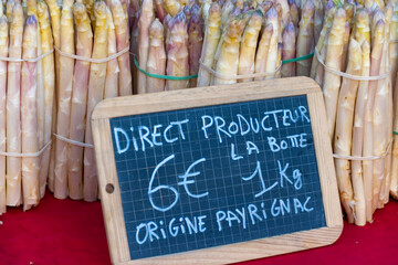 Sticker - Fresh raw white asparagus vegetables for sale in local farmers market in Souillac, Dordogne, France. English translation: 1 kg bunches, locally produced in Payrignac