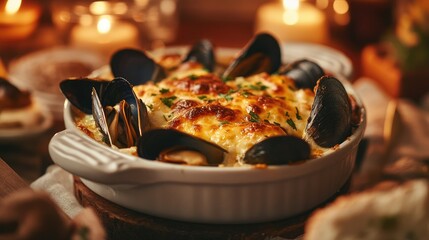 Gourmet Seafood Bake with Mussels and Cheese