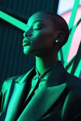 Poster - Fashion Portrait with Dramatic Lighting: A model in a sleek outfit, highlighted by vibrant green tones against a geometric background.