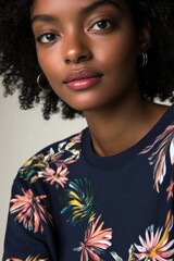 Wall Mural - Portrait of a woman with curly hair wearing a floral sweatshirt, showcasing natural beauty and style for fashion-related purposes.