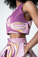 Sticker - Fashionable Outfit: A vibrant purple crop top and skirt with abstract patterns; ideal for style inspiration and fashion marketing.