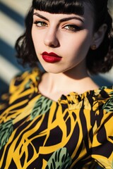 Poster - Portrait of a Woman with Bold Makeup in a Colorful Tropical Dress, Ideal for Fashion and Beauty Promotion