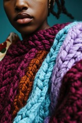 Canvas Print - Fashion Portrait: Close-up of a person wearing a colorful knitted garment with vibrant textures and rich colors, ideal for lifestyle imagery.