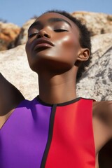 Sticker - Fashion Portrait: A striking model in a vibrant purple and red outfit poses against a rocky background, perfect for fashion showcases.