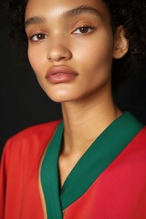 Sticker - Portrait of a woman with natural beauty, wearing a vibrant red and green outfit, suitable for fashion and beauty concepts.