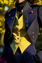 Wall Mural - Elegant Fashion: A close-up of a stylish black and yellow vintage-inspired outfit with intricate buttons against a nature backdrop.