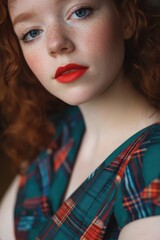 Sticker - Portrait of a Young Woman with Red Hair Wearing a Green Checkered Dress, Ideal for Fashion and Beauty Projects