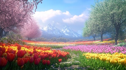 A vibrant spring landscape with colorful tulip fields, blooming trees, and a bright, clear sky creating a serene atmosphere