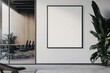 © pham - A contemporary workspace with a blank frame on the wall next to lush greenery and a visible meeting room filled with chairs