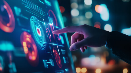 A person using a futuristic touchscreen display in a contemporary setting, accessing various digital functions and analytics. The well-designed interface and dim lighting create a