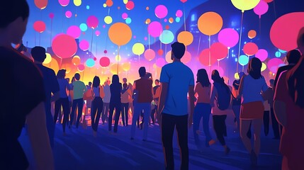 Poster - A group of people stand under a colorful array of balloons, their silhouettes blending with the vibrant hues of the night sky.