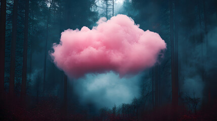 Sticker - Pink cloud in a dark forest covered by mist.