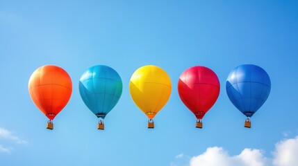 Poster - Five colorful balloons rise against a bright blue sky, adding joy and vibrancy to the serene atmosphere on a sunny day. Generative AI