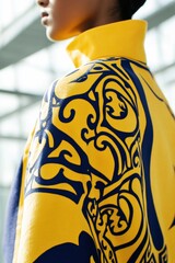 Poster - Fashion Close-Up: Elegant Model Showcasing Vibrant Yellow and Blue Jacket with Intricate Patterns - Perfect for Style Promotion