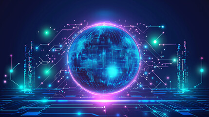 Poster - Illustration of the globe, surrounded by lines of neural connections and digital data. Technological background on the topic of the information field