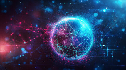 Poster - Illustration of the globe, surrounded by lines of neural connections and digital data. Technological background on the topic of the information field