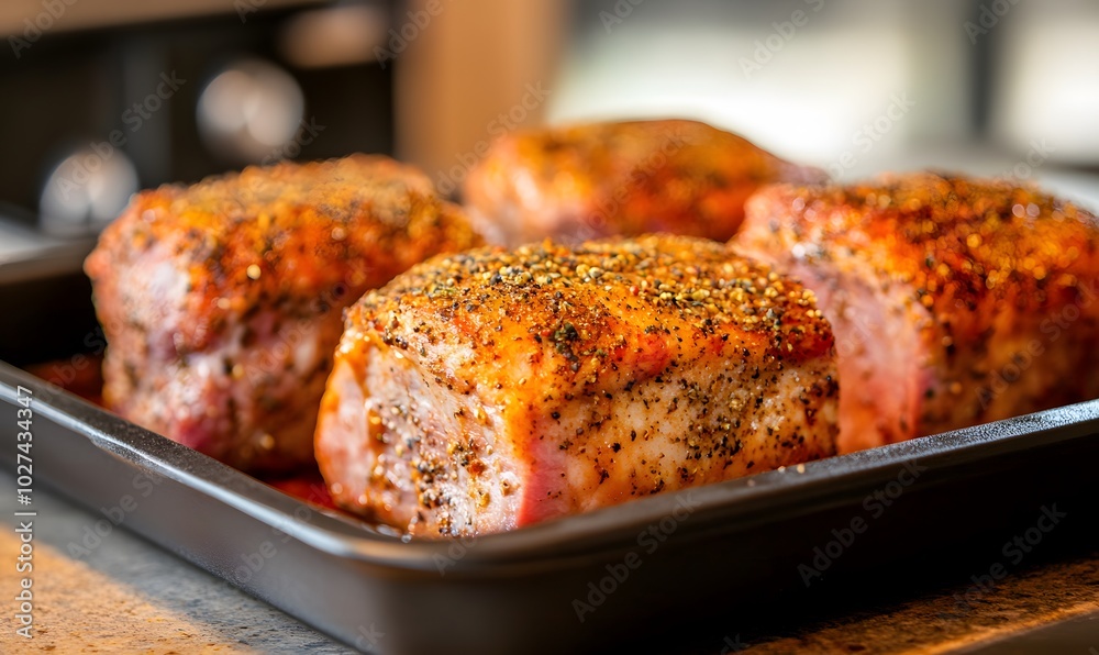 Teilsames Stock-Foto „Seasoned pork shoulders with a blend of herbs and spices ...