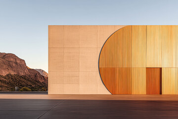 Modern architectural design with wooden accents against a mountain backdrop during sunset