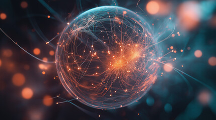 Poster - Illustration of the globe, surrounded by lines of neural connections and digital data. Technological background on the topic of the information field
