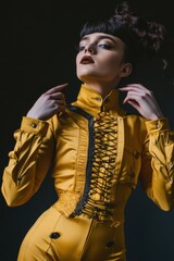 Sticker - Fashion Portrait: A model in a striking yellow Victorian-inspired outfit, exuding elegance and confidence, ideal for editorial use.