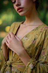 Poster - Elegant Portrait of a Woman in Floral Dress Against a Natural Background - Perfect for Fashion and Lifestyle Themes