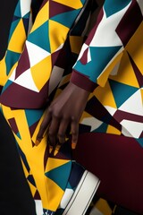 Wall Mural - Fashion Style: Vibrant geometric patterns in bold colors highlight a modern outfit, ideal for fashion magazines and design inspiration.