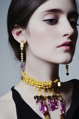 Sticker - Fashion Portrait: A stylish model displaying vibrant jewelry in shades of yellow and purple against a minimalist background.