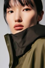 Wall Mural - Fashion Portrait: A close-up of a model in an olive green jacket, showcasing natural beauty and minimalist style for commercial use.