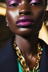 Poster - Fashion Portrait: Close-up of a model with bold purple makeup, glossy lips, and gold accessories, perfect for beauty campaigns.