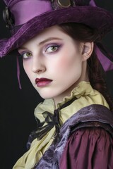 Sticker - Portrait of a Model in Vintage Purple Attire with Dramatic Makeup for Fashion and Artistic Expression