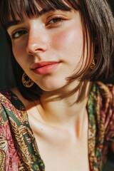 Poster - Portrait of a Young Woman with Short Hair, Soft Lighting, Bohemian Style, Ideal for Lifestyle Blogs and Fashion Content