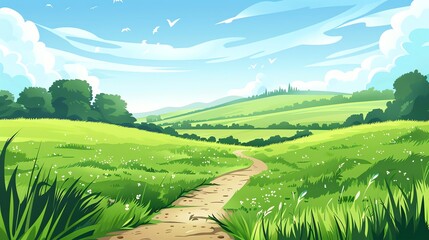 Sticker - A cartoon illustration of a countryside landscape.