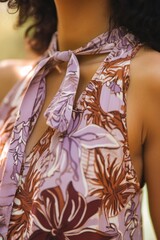 Poster - Casual Fashion Shot: A model in a floral purple dress with a neck tie, perfect for fashion blogs and lifestyle articles.