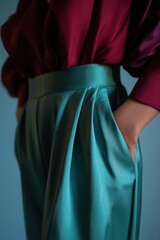 Wall Mural - Fashion Close-Up: Elegant Satin Outfit Pairing Deep Red Blouse with Teal Trousers for Modern Style Inspiration