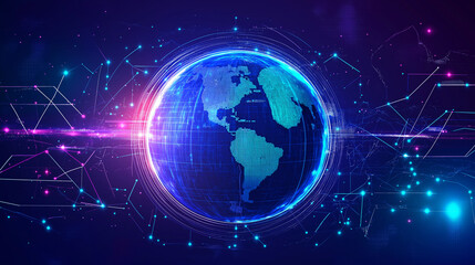 Poster - Illustration of the globe, surrounded by lines of neural connections and digital data. Technological background on the topic of the information field