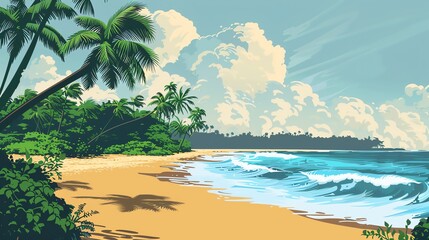 Poster - A tropical beach with palm trees and a blue ocean.