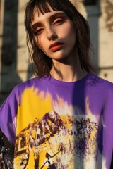 Poster - Fashion Portrait: A Stylish Young Woman in a Vibrant Purple Tee with Artistic Graphics in a Natural Sunlit Setting