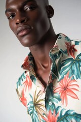 Canvas Print - Fashion Portrait: A Model Showcasing a Tropical Floral Shirt with Vibrant Colors for Seasonal Trends