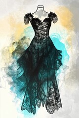 Canvas Print - Elegant Black Dress Illustration: A stunning visual of a black lace dress on a mannequin, featuring intricate detailing and a flowing silhouette