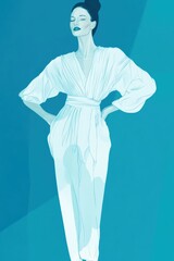 Poster - Fashion Illustration: Elegant Woman in Flowing White Robe Against a Vibrant Blue Background for Style Inspiration