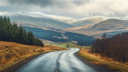Poster - A road with a few trees on the side and a mountain in the background